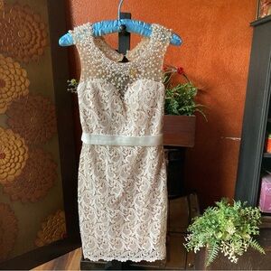 Dave & Johnny 3/4 Cream Lace Overlay Embellished Dress